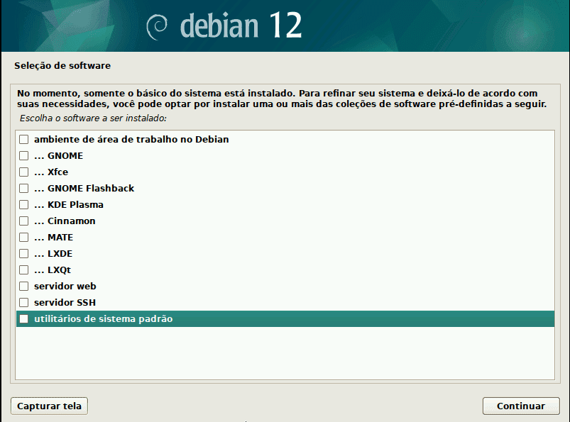 Menu de instalação de interface gráfica no Debian 12