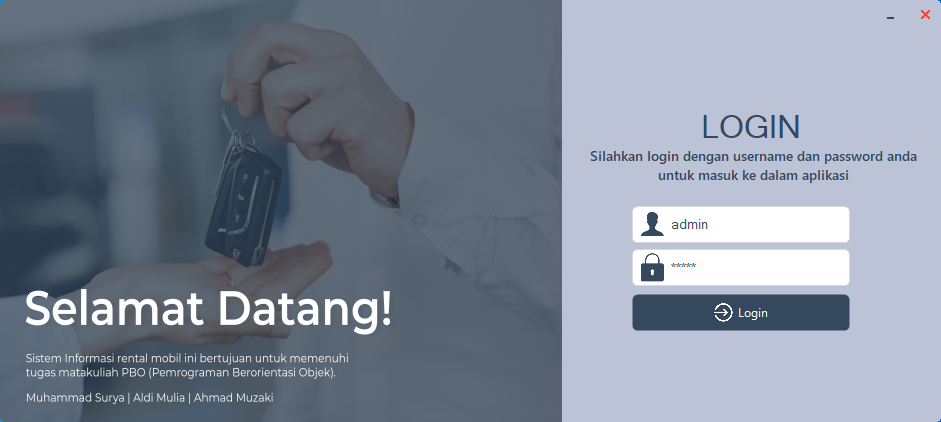 Tampilan login dari apps Penyewaan Mobil