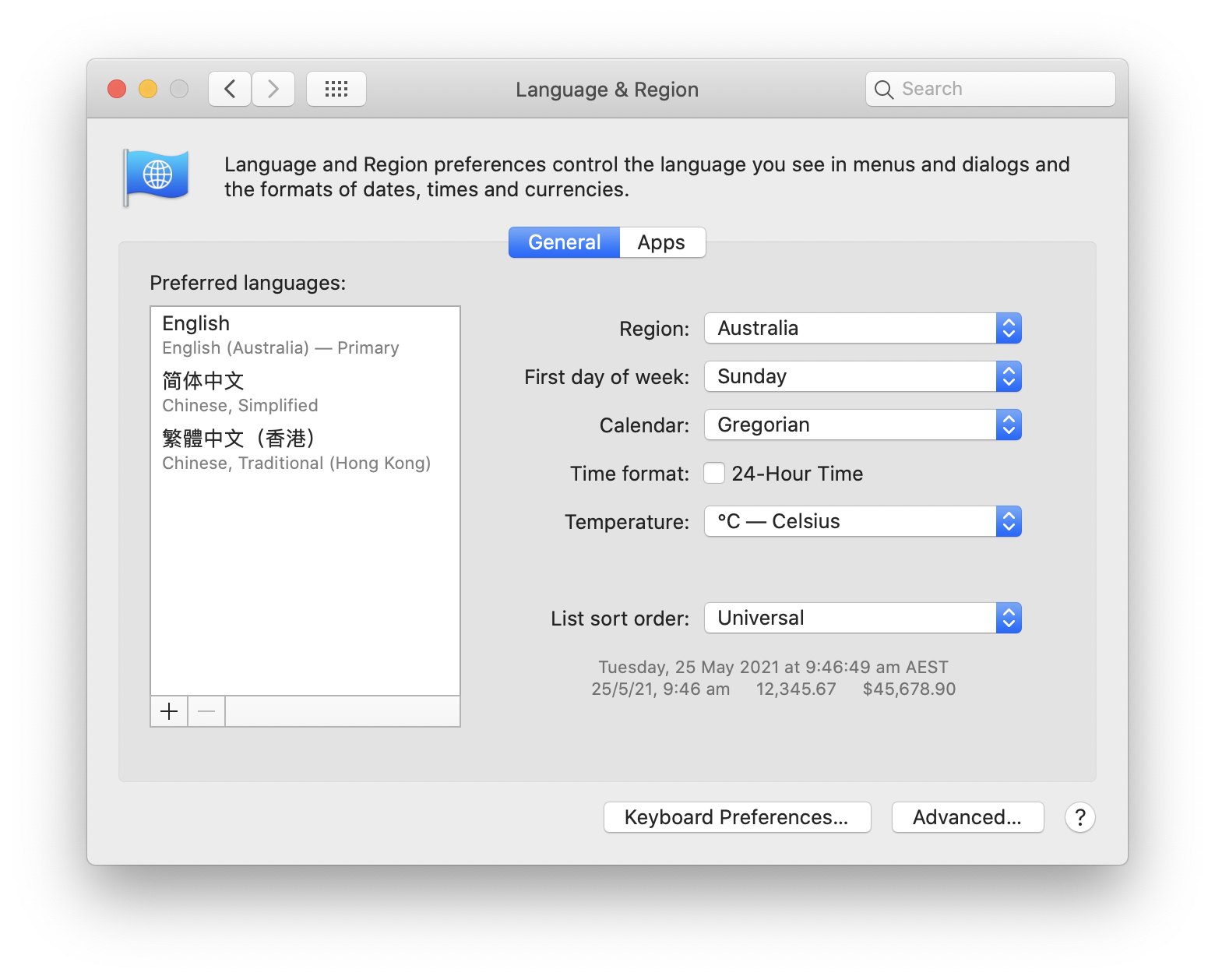 image of macOS 10.5 Language and Region preferences