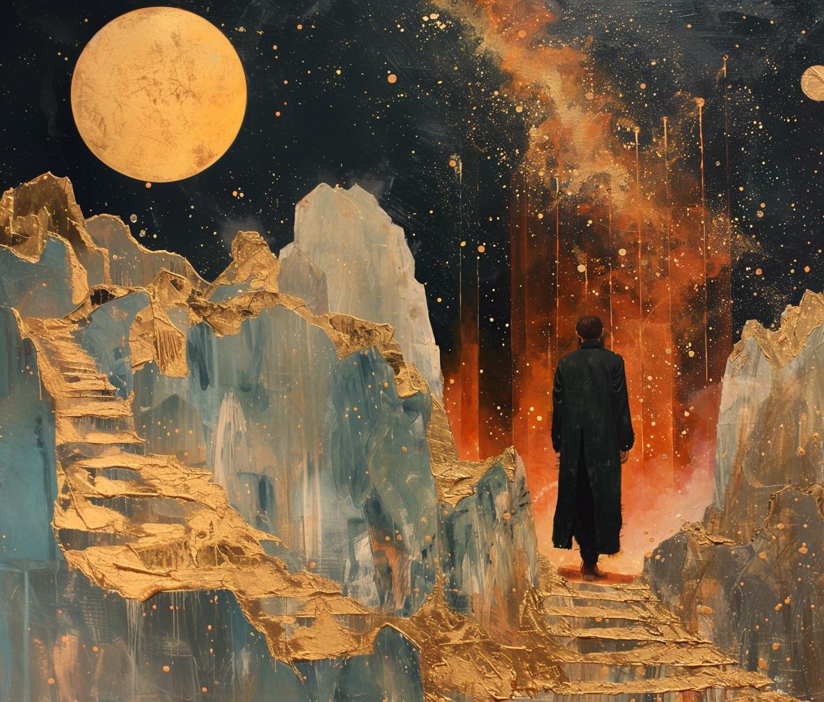 Abstract art of a man standing in ruins looking at the night sky