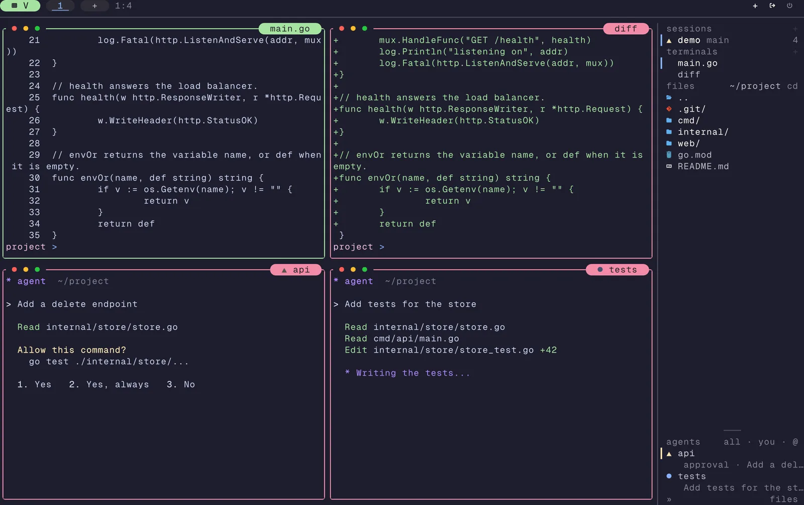 tuios with four tiled panes, and the sidebar listing the session, its files and the agents in it