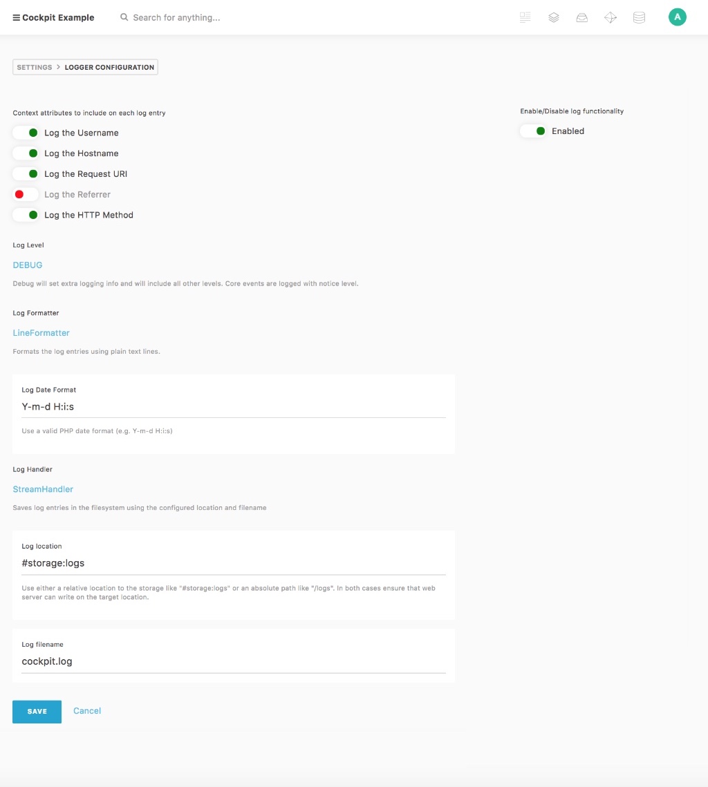 Cockpit Logger settings page