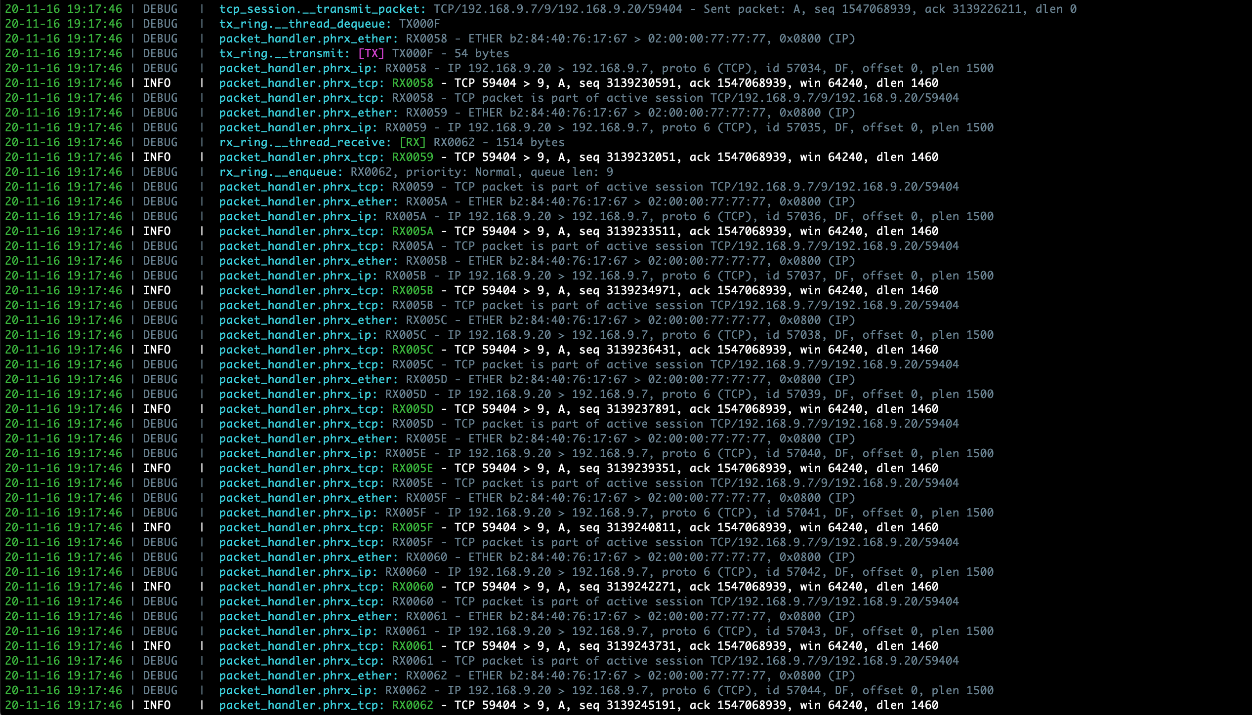 Sample PyTCP log output