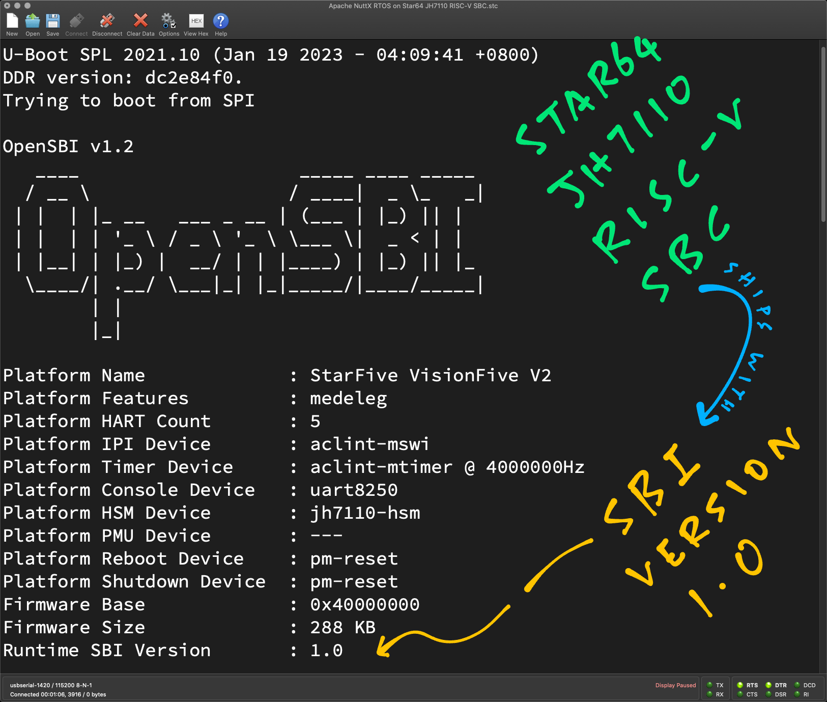 SBI v1.0 appears in the JH7110 OpenSBI Log