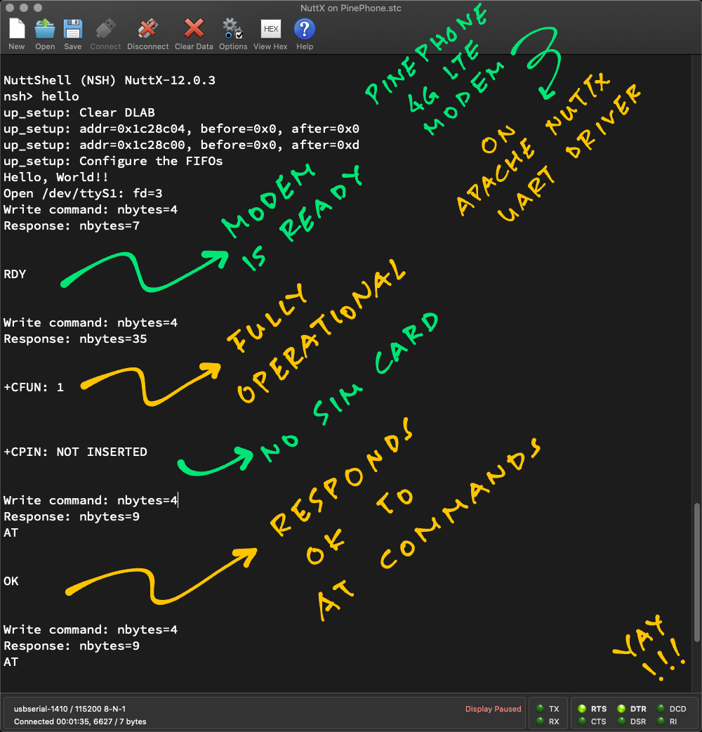 NuttX sends AT Commands to LTE Modem