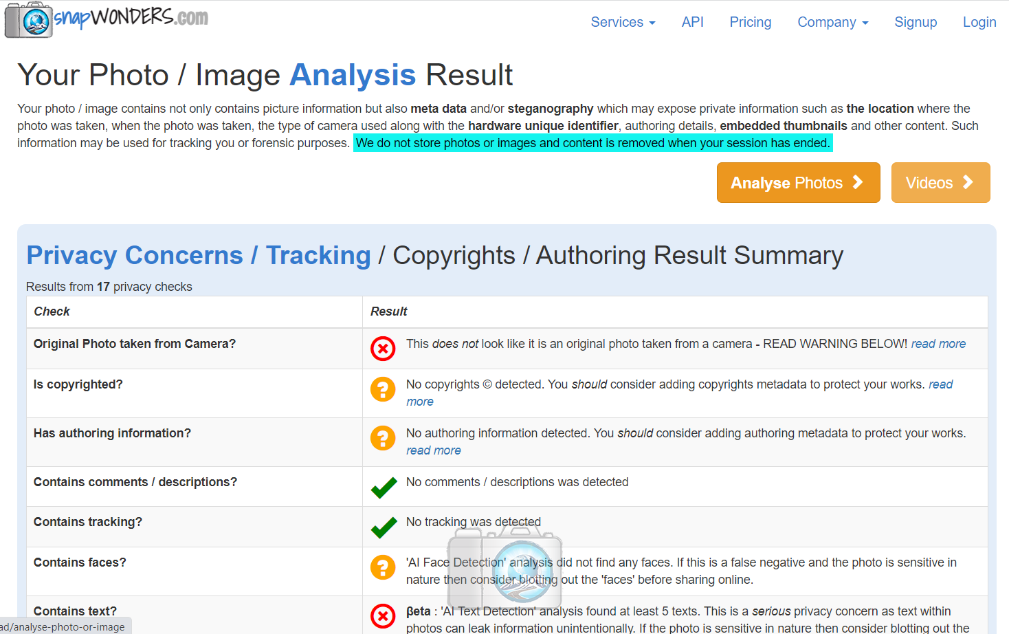 Results sample as showing on the snapWONDERS website