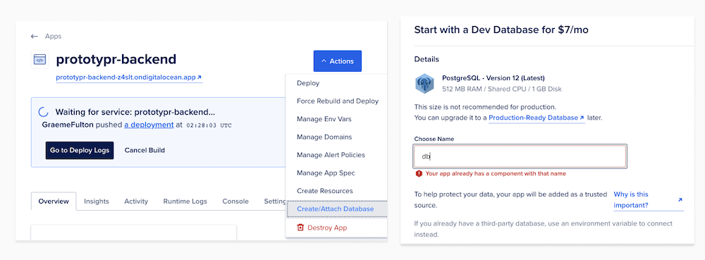 screenshot of connecting a database