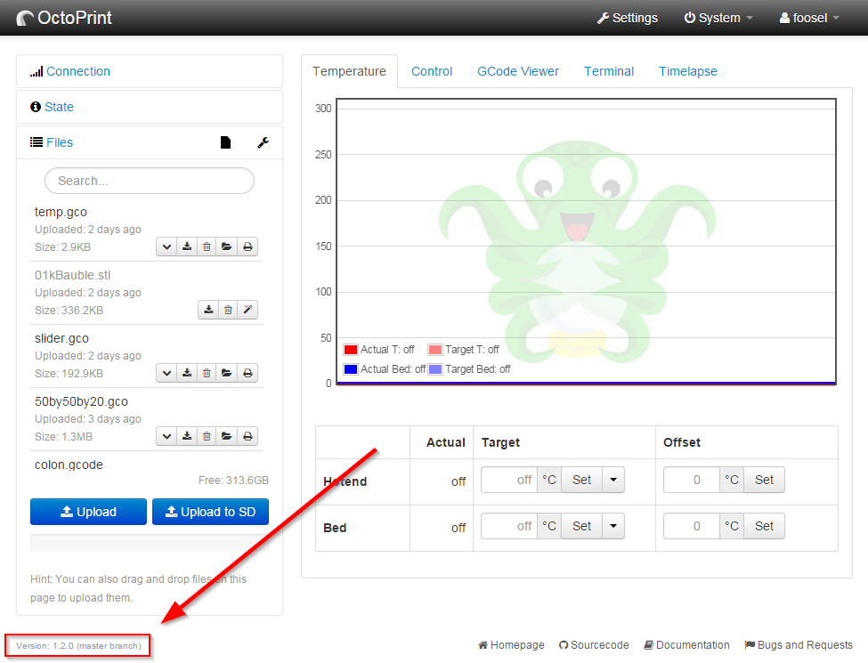 Current version and git branch info in OctoPrint's UI