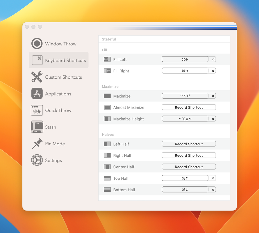 Rectangles Window Snapping Keyboard Shortcut Settings