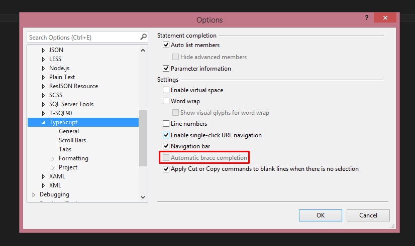 Automatic brace completion options grayed out