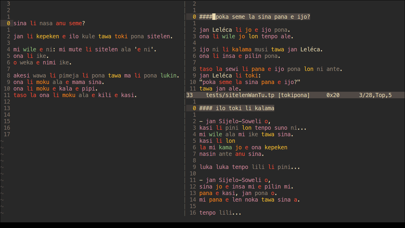 Some Toki Pona texts highlighted in Vim (in a dfferent color scheme)