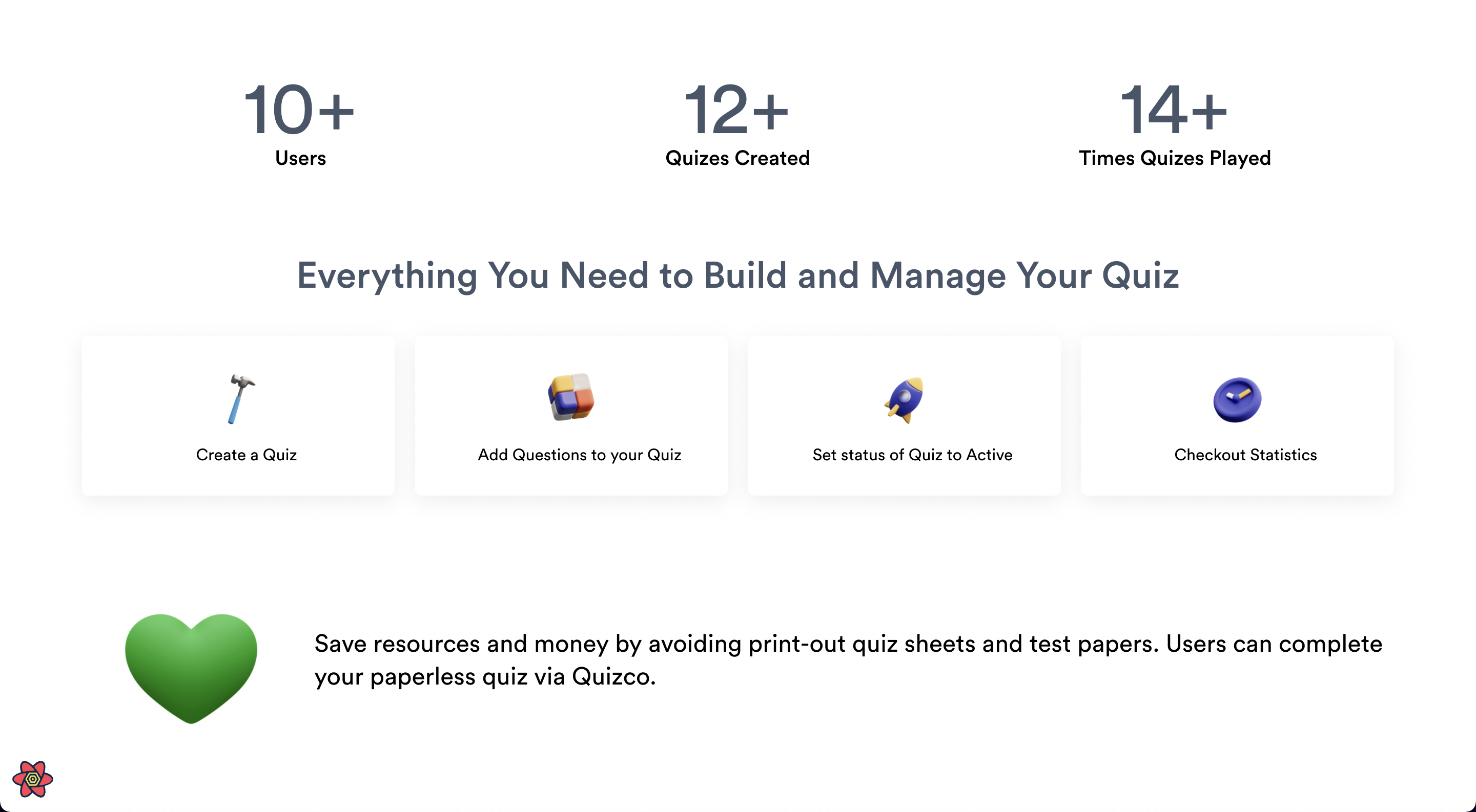 Quizco Landing Page (Scrolled Down)