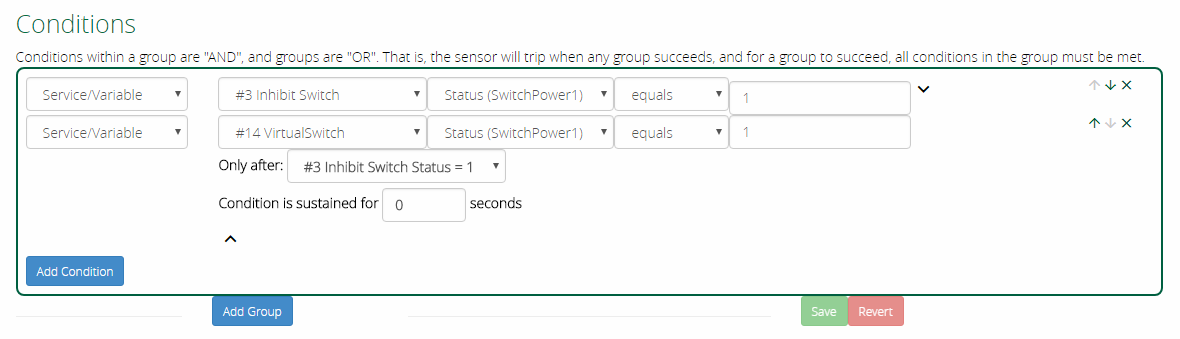 Service Condition Options displayed