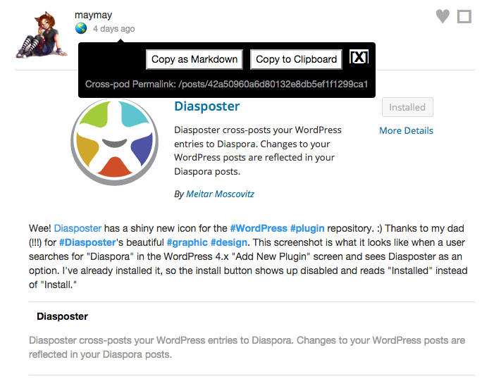 Screenshot of Cross-pod Links (for Diaspora) popup with copy to clipboard buttons.