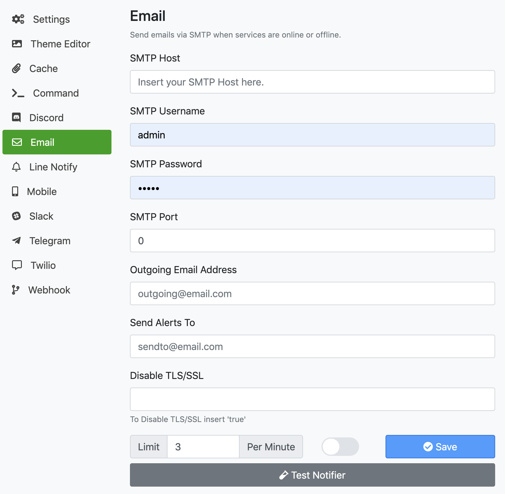 Statping SMTP settings