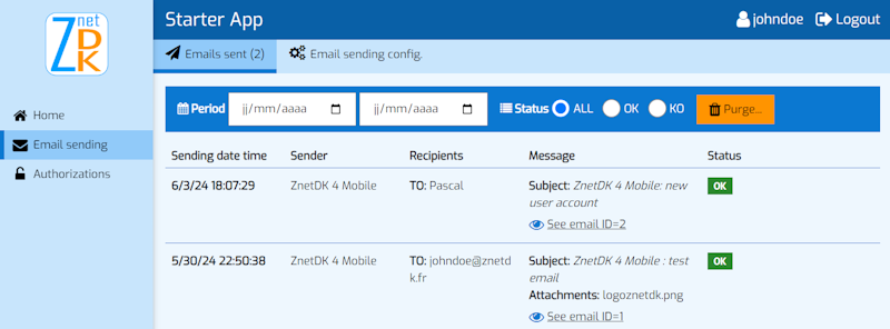 Screenshot of the User Sent emails view provided by the ZnetDK 4 Mobile 'z4m_emailsending' module