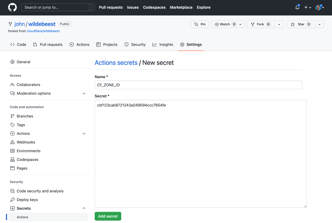 github actions secrets