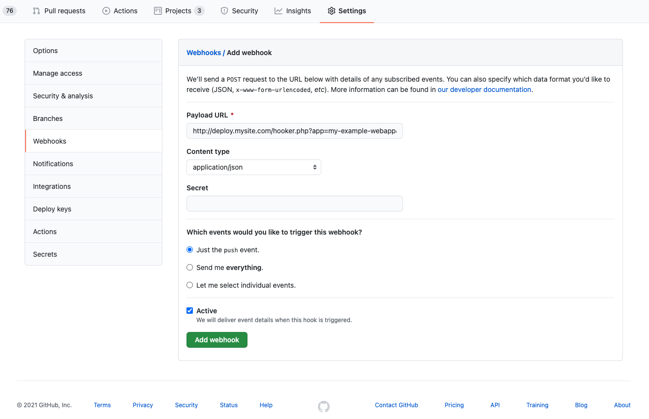 GitHub web hook configuration