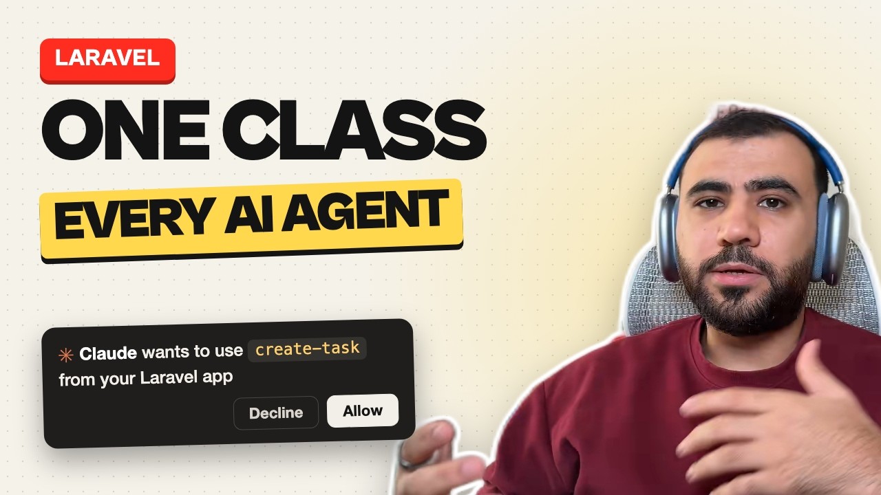 The walkthrough video's thumbnail: "ONE CLASS, EVERY AI AGENT" beside the presenter, and a Claude prompt asking to use create-task from a Laravel app. It opens the video on YouTube.