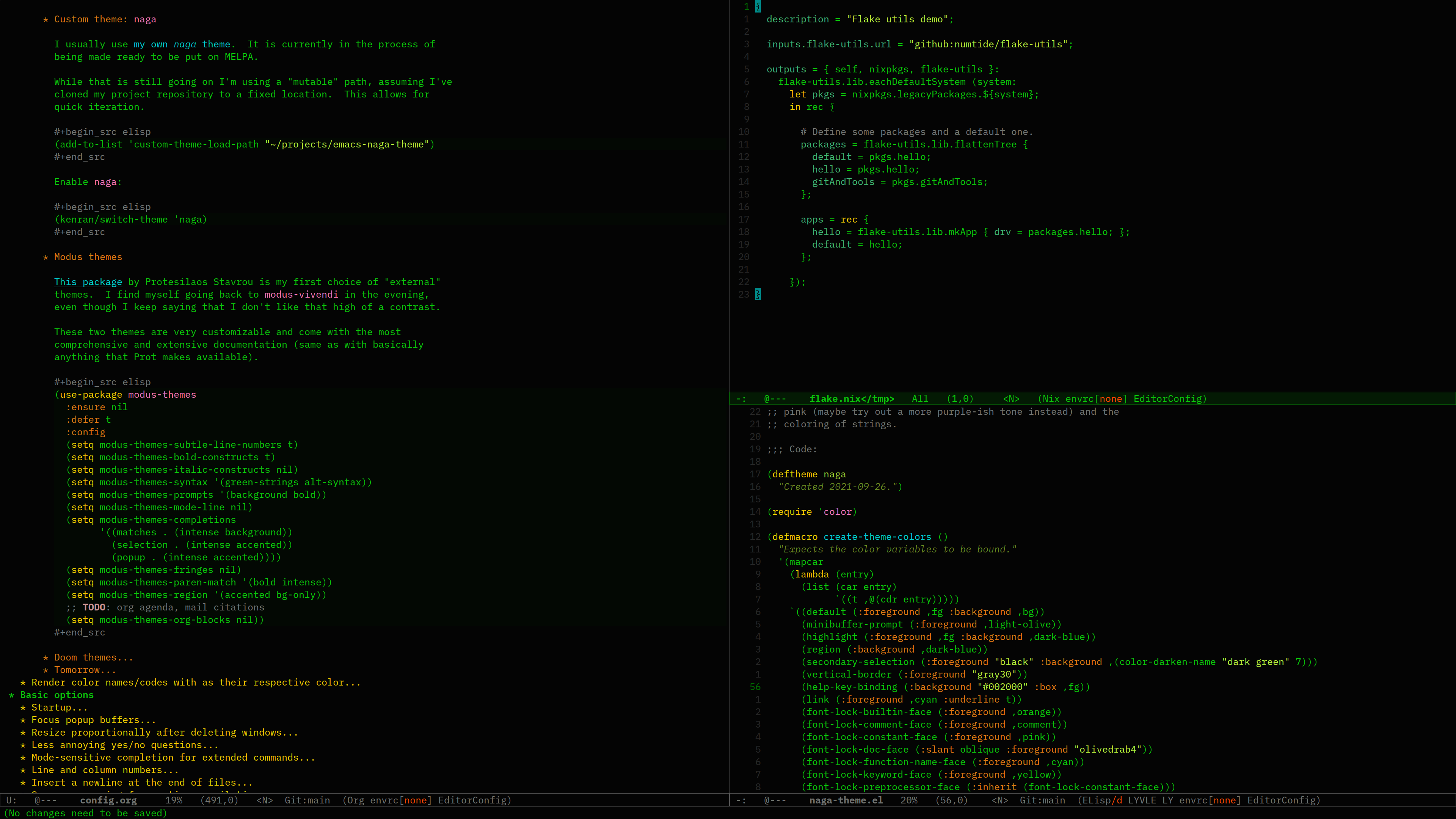 A screenshot of the naga theme, showing org-mode, nix-mode, and some Emacs Lisp