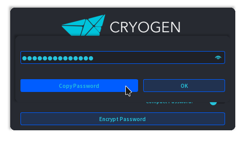 Output view showing output of example. Copy the password to memory for pasting, or reveal the password for type over.