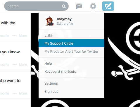 Screenshot showing "My Support Circle" link from the gear icon.