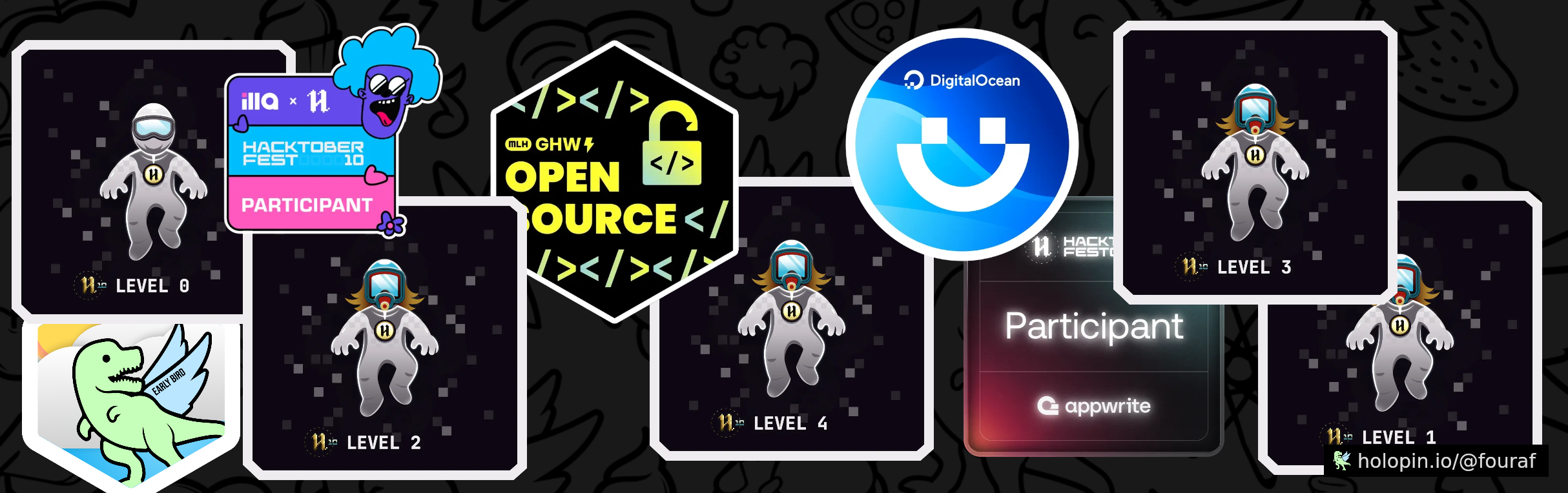 An image of @fouraf's Holopin badges, which is a link to view their full Holopin profile
