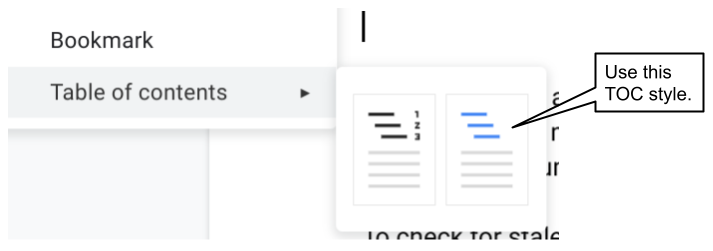 image of Google Docs insert TOC command menu