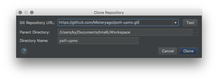 Sur le champs de texte libellé Git Repository URL, entre l'URL du répo de projet qui est https://github.com/Misteryagci/pstl-upmc.git. Puis appuyez sur le bouton Clone