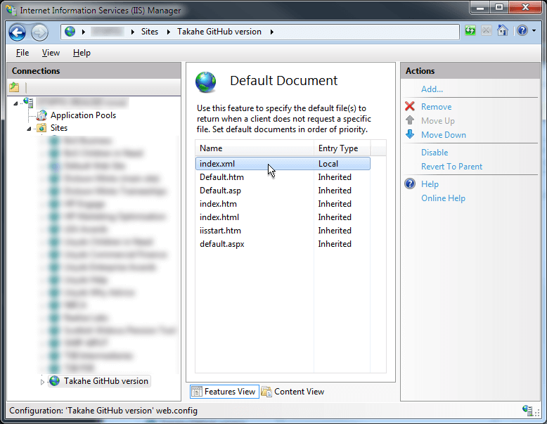 If this has been done correctly, index.xml should appear in the list of default documents, in the centre pane.