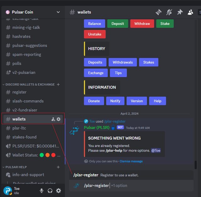 04. Use the command "/plsr-register" in the #wallets channel in the Pulsar Discord