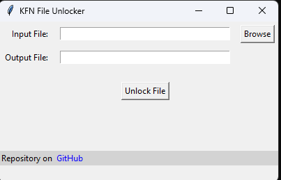 Screenshot of the KFN File Unlocker software interface with fields for input and output files, an "Unlock File" button, and a GitHub repository link.