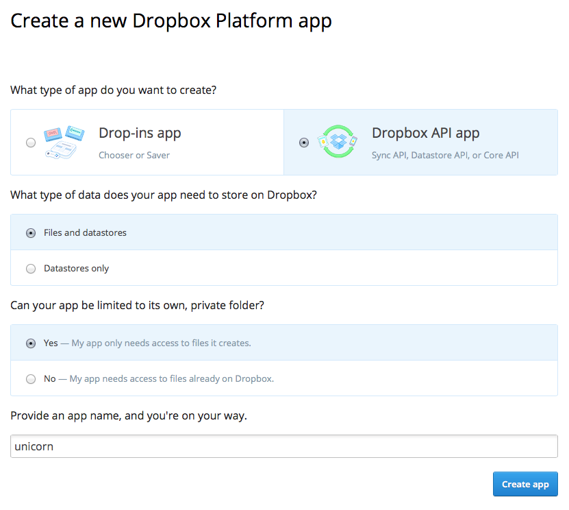 Dropbox App settings