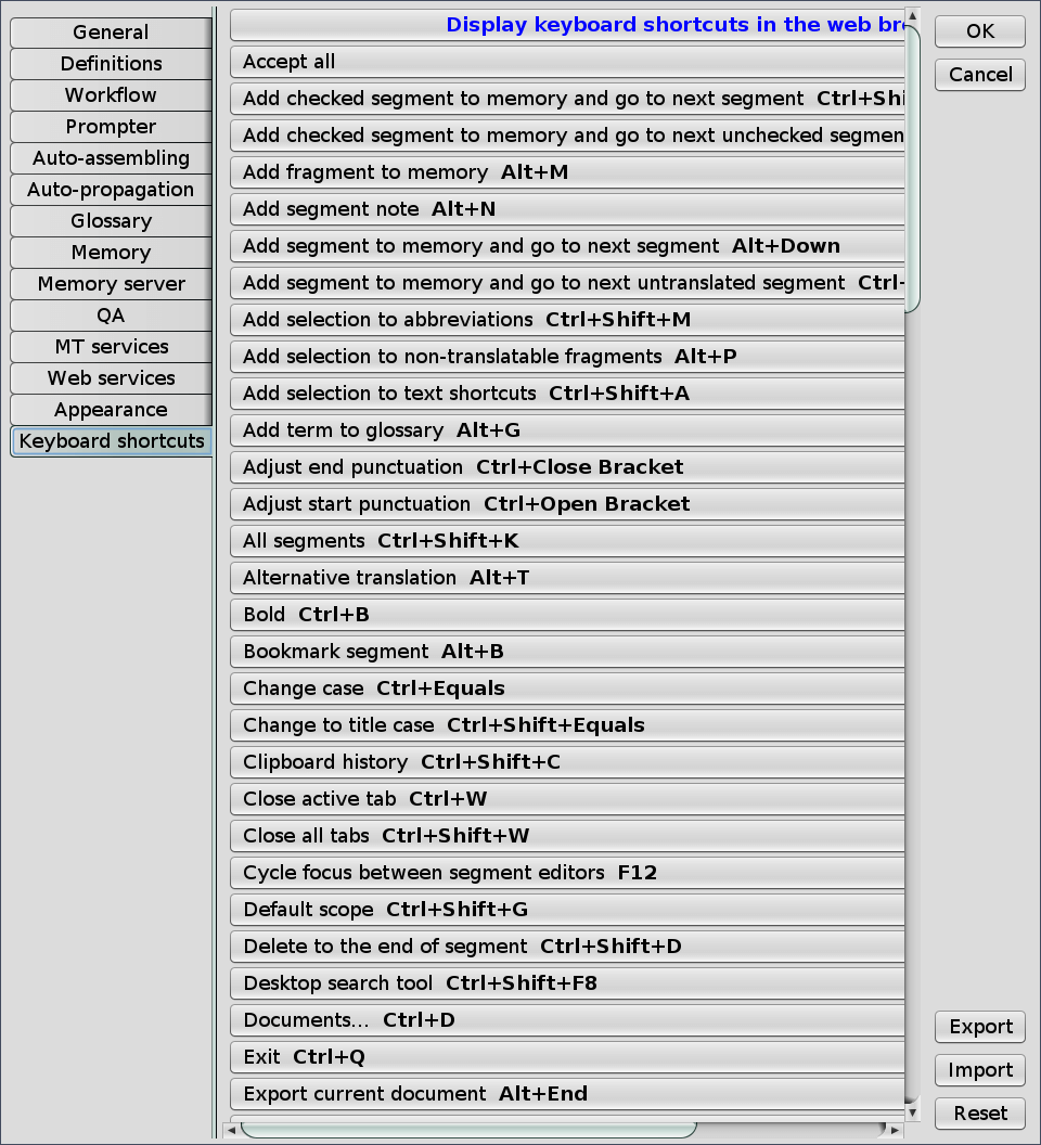 Keyboard shortcuts pane