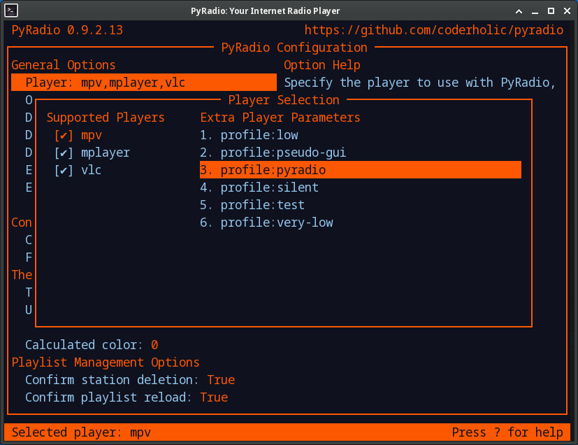 PyRadio Player Selectio Window