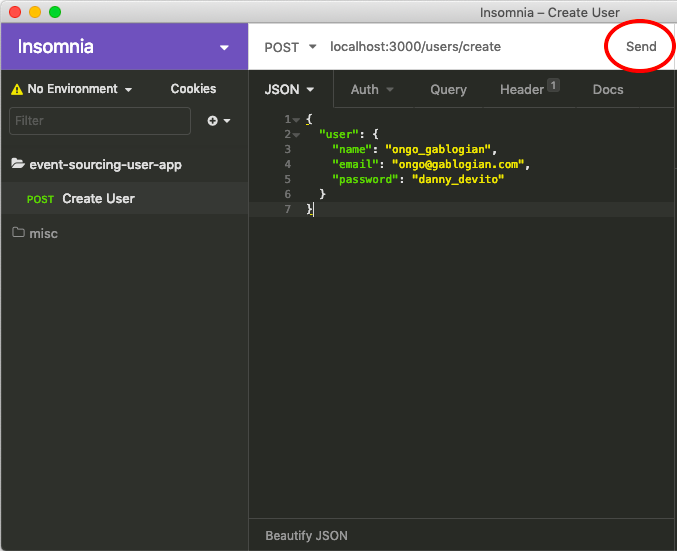 Insomnia page showing JSON body with user params