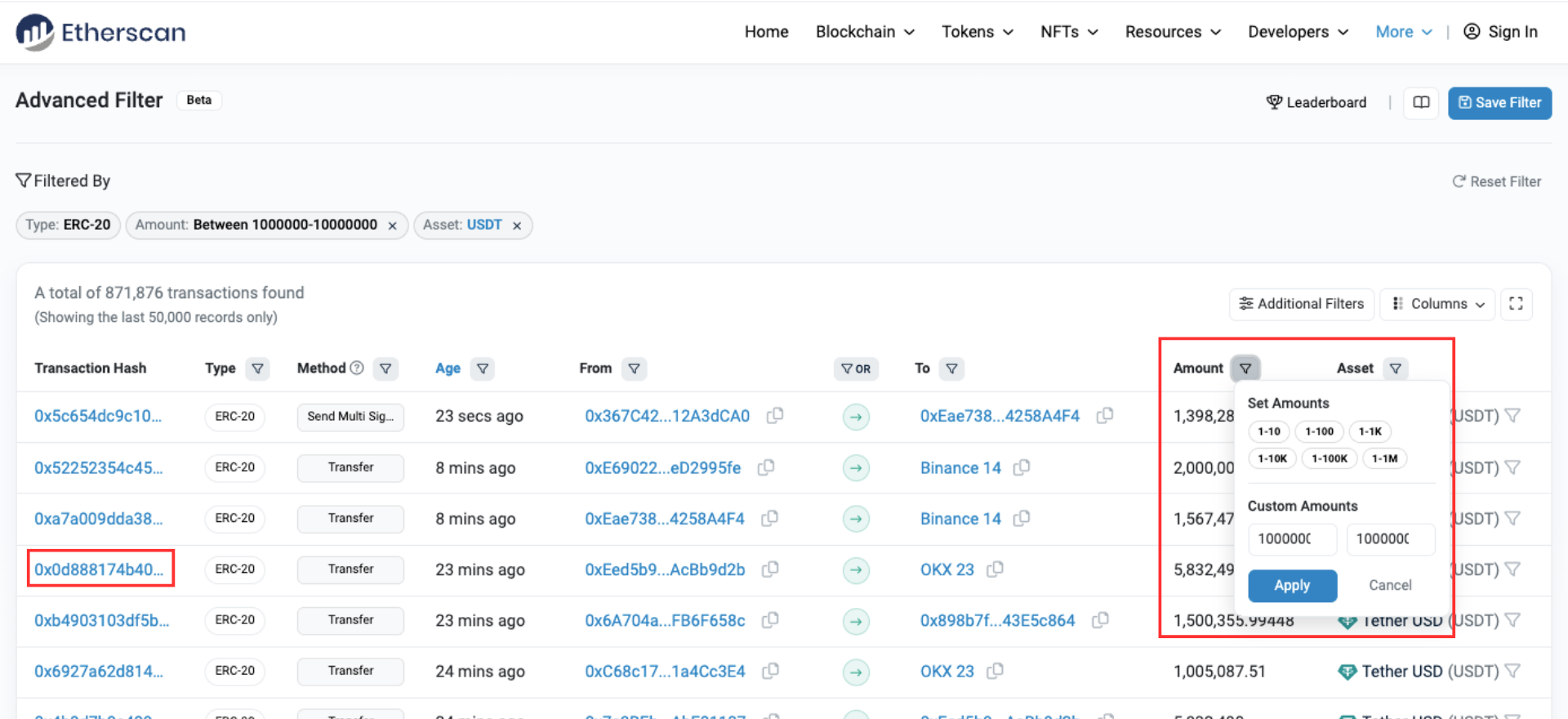 Finding 1 million USDT and above transfer transactions on Etherscan