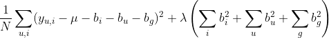 \frac{1}{N}\sum_{u,i}(y_{u,i}-\mu-b_i-b_u-b_g)^2+\lambda \left(\sum_i b_i^2+\sum_u b_u^2+\sum_gb_g^2\right)