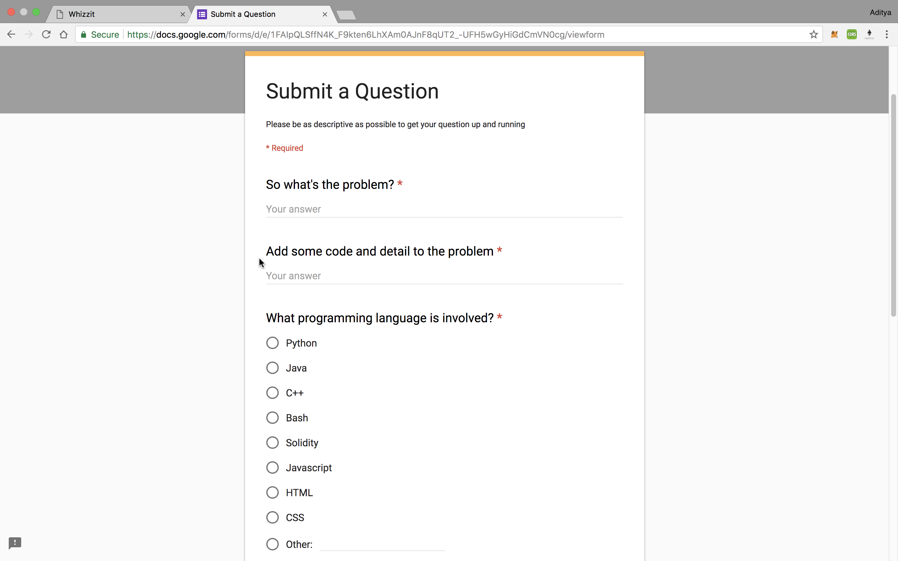 Submit a question form