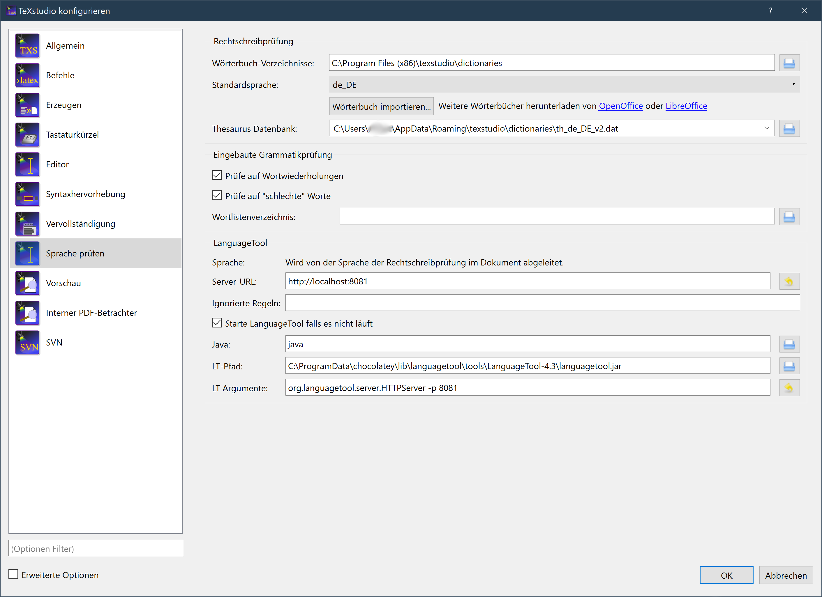 TeXstudio settings for LanguageTool