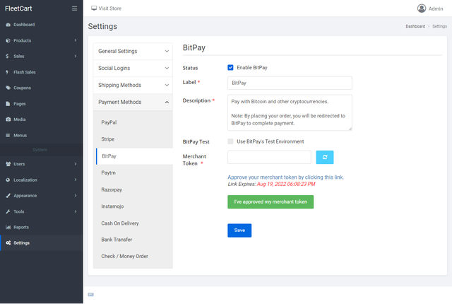 BitPay Settings Tab - Merchant Token