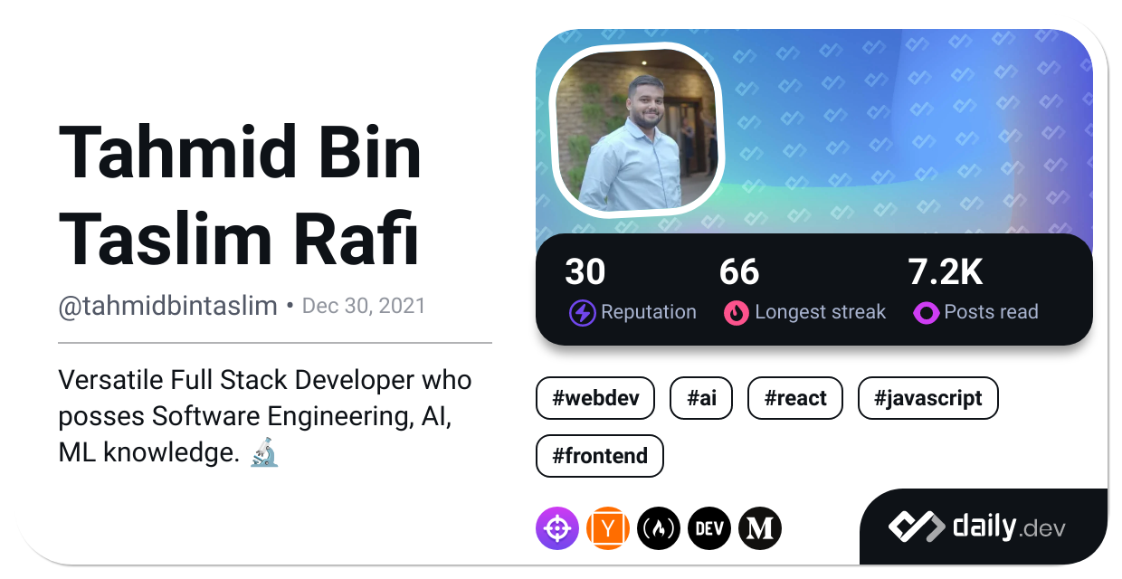 Tahmid's Daily Dev Card showing reading history and developer stats