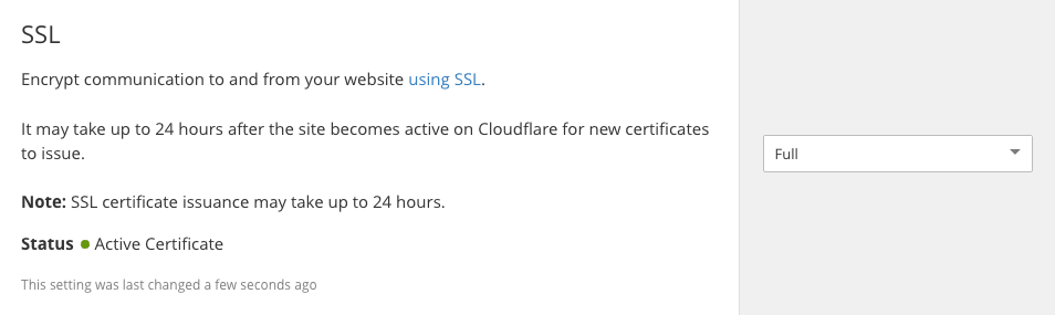 Cloudflare 的 Crypto 设置中显示 SSL 证书为激活状态