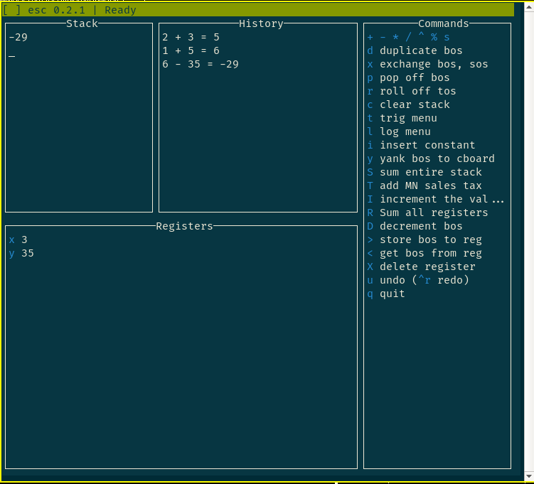 A screenshot of esc in use, taken from the esc documentation.