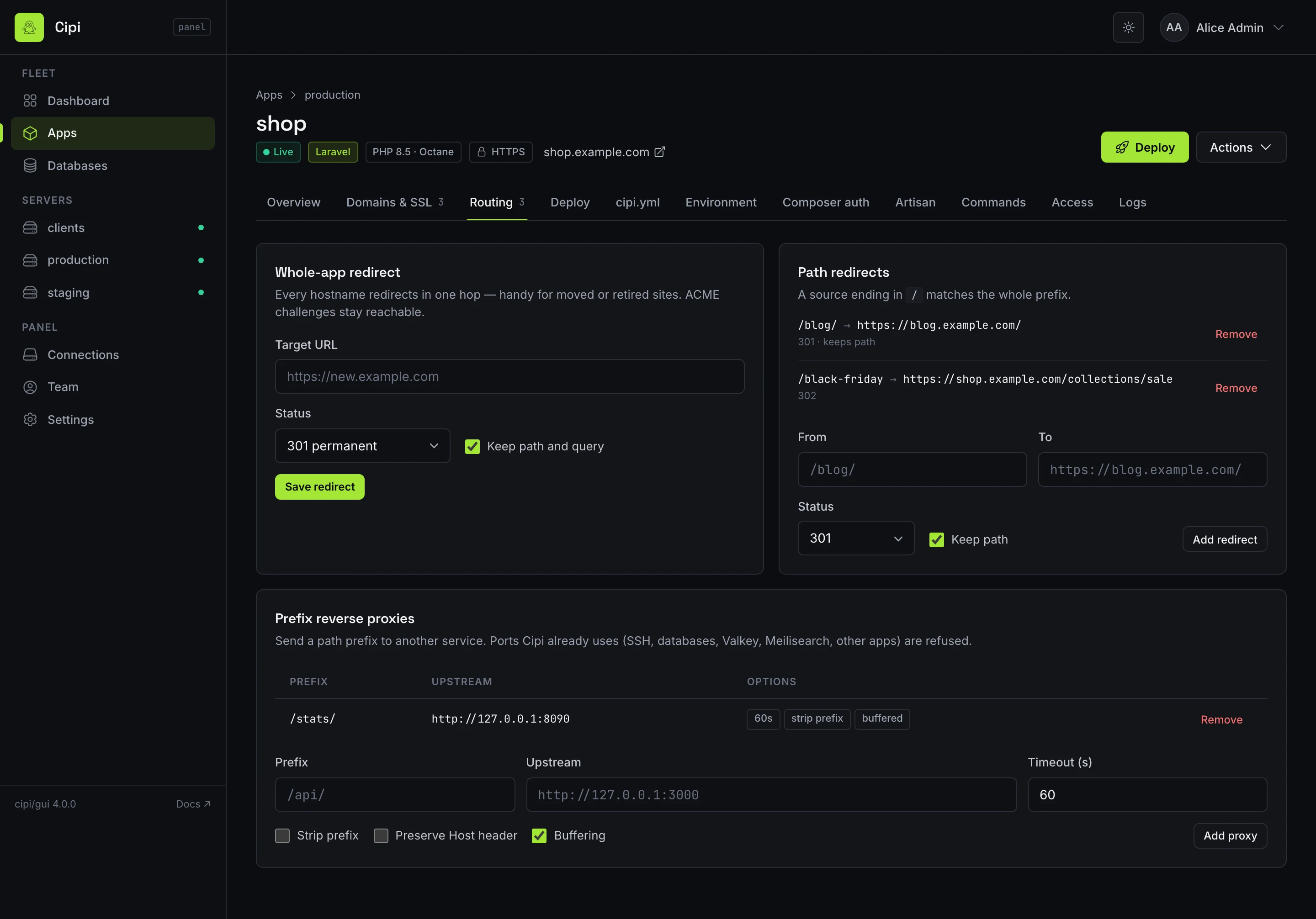 Routing tab with redirects and proxies