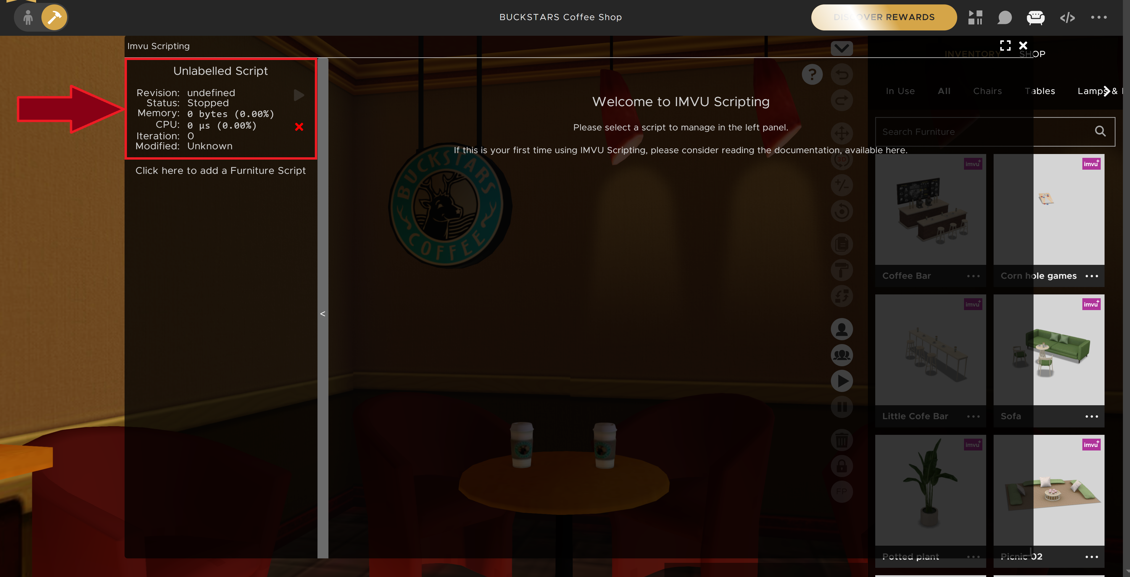 An image of the imvu room deco mode with the scripting UI open. The element which selects a room script has been highlighted by a red outline with a red arrow pointing to it