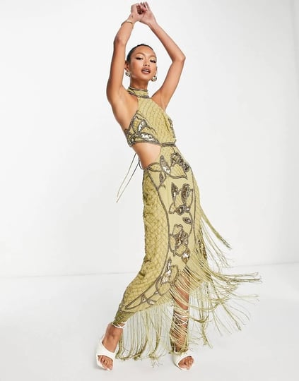 asos-design-halter-embellished-pencil-midi-dress-with-floral-artwork-and-fringing-in-olive-green-1
