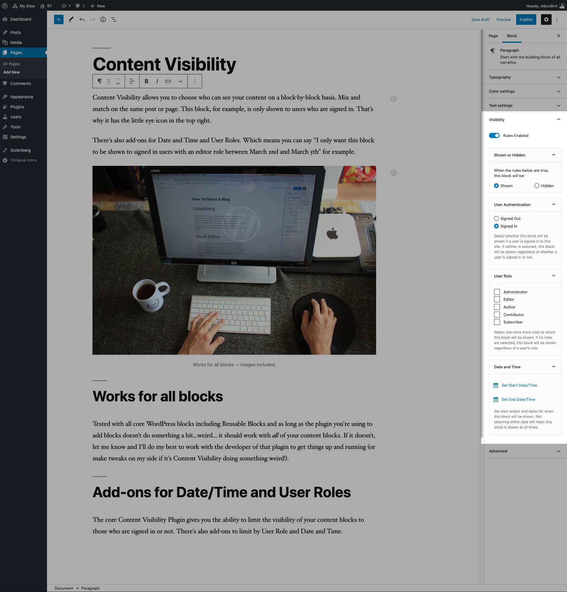 Screenshot showing content visibility controls including the icon which allows content authors to see which of their blocks have content visibility rules in place