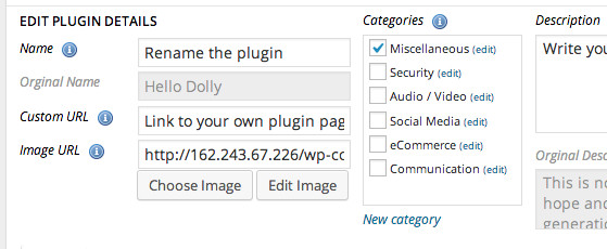 Screengrab of the plugin edit details function