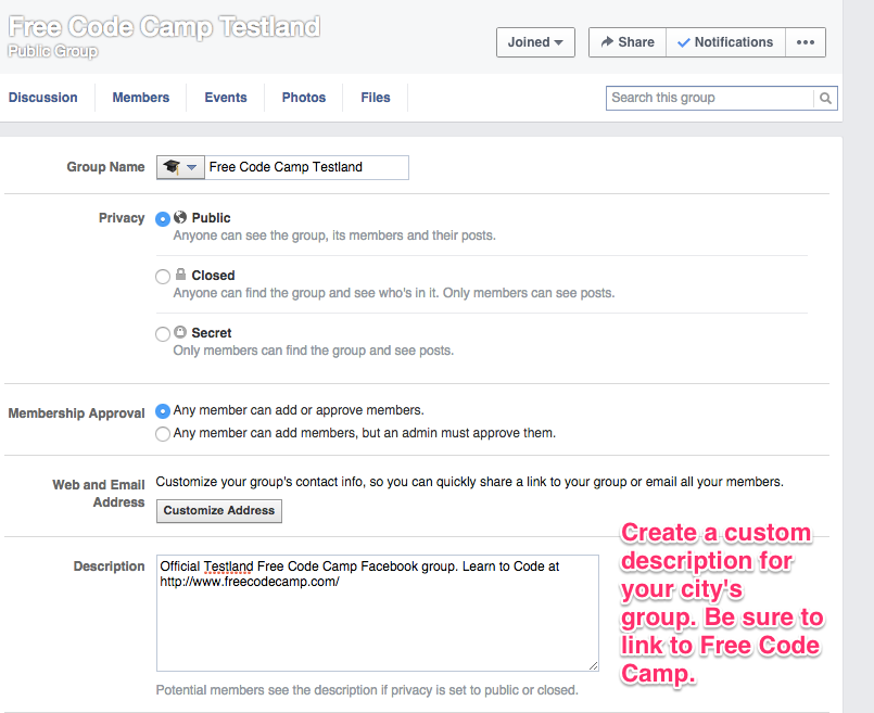 A screen shot showing you the group description box on the Facebook page.